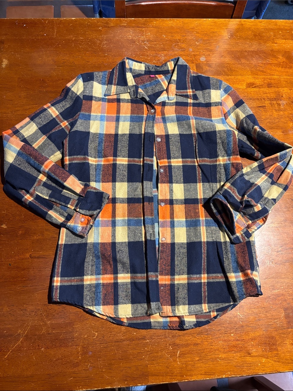 Men's Navy and Orange Plaid Button-Up Shirt